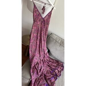 Zury Silk Blend Pink Paisley Halter Maxi Dress Boho Tiered Festival
